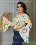 Camisa Cropeed Social Feminina Estampa de Coração Manga Longa Flare Sino