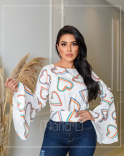 Camisa Cropeed Social Feminina Estampa de Coração Manga Longa Flare Sino