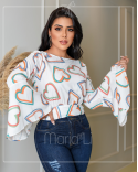 Camisa Cropeed Social Feminina Estampa de Coração Manga Longa Flare Sino
