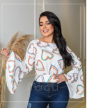 Camisa Cropeed Social Feminina Estampa de Coração Manga Longa Flare Sino