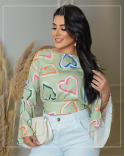 Camisa Cropeed Social Feminina Estampa de Coração Manga Longa Flare Sino