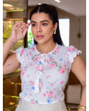 Blusa Social Feminina em Crepe Estampada com Babados nas Mangas