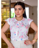 Blusa Social Feminina em Crepe Estampada com Babados nas Mangas