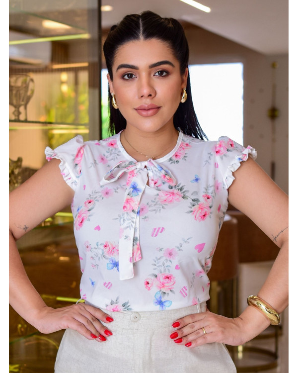 Blusa Social Feminina em Crepe Estampada com Babados nas Mangas