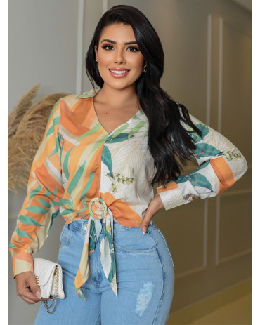 Camisa Feminina Crooped Manga Longa Estampada