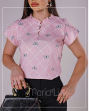  Blusa Social Feminina Estampada, Gola Alta Plissada com Botões