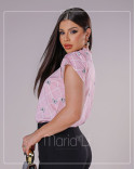  Blusa Social Feminina Estampada, Gola Alta Plissada com Botões