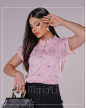  Blusa Social Feminina Estampada, Gola Alta Plissada com Botões