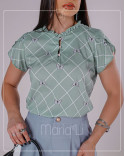  Blusa Social Feminina Estampada, Gola Alta Plissada com Botões
