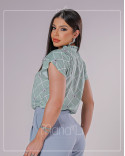  Blusa Social Feminina Estampada, Gola Alta Plissada com Botões