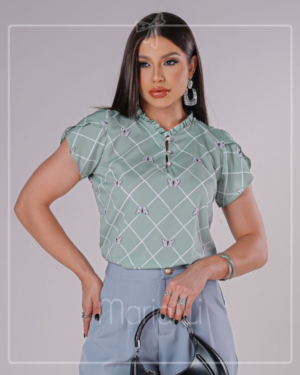  Blusa Social Feminina Estampada, Gola Alta Plissada com Botões