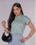  Blusa Social Feminina Estampada, Gola Alta Plissada com Botões