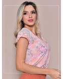 Blusa Social Feminina em Crepe Estampada Com Tule nas Mangas