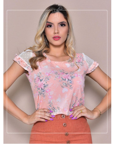 Blusa Social Feminina em Crepe Estampada Com Tule nas Mangas