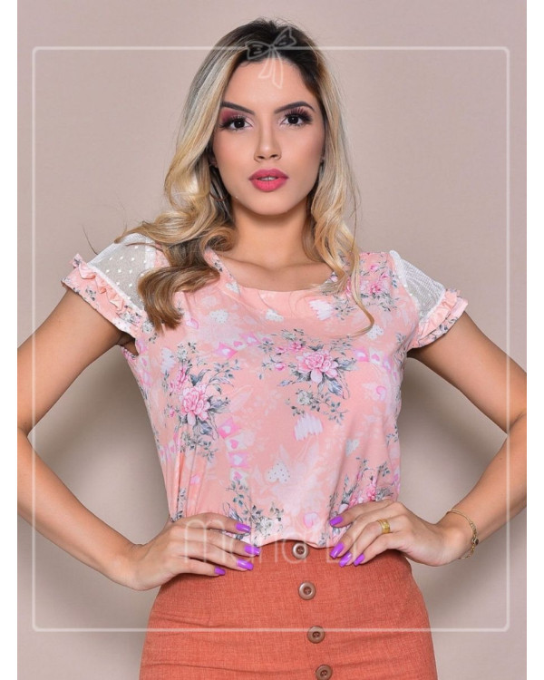 Blusa Social Feminina em Crepe Estampada Com Tule nas Mangas