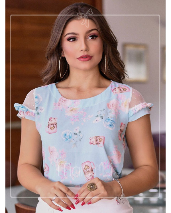 Blusa Social Feminina em Crepe Estampada Com Tule nas Mangas