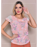 Blusa Social Feminina em Crepe Estampada Com Tule nas Mangas