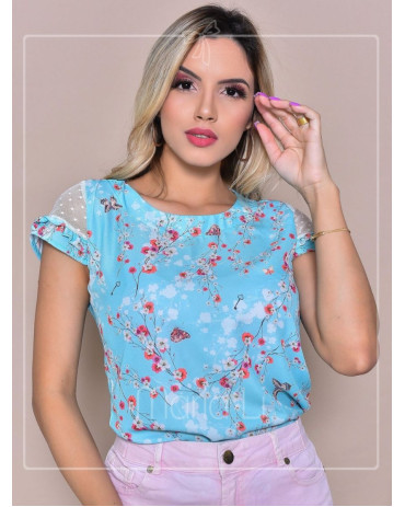 Blusa Social Feminina em Crepe Estampada Com Tule nas Mangas