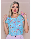 Blusa Social Feminina em Crepe Estampada Com Tule nas Mangas