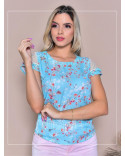 Blusa Social Feminina em Crepe Estampada Com Tule nas Mangas