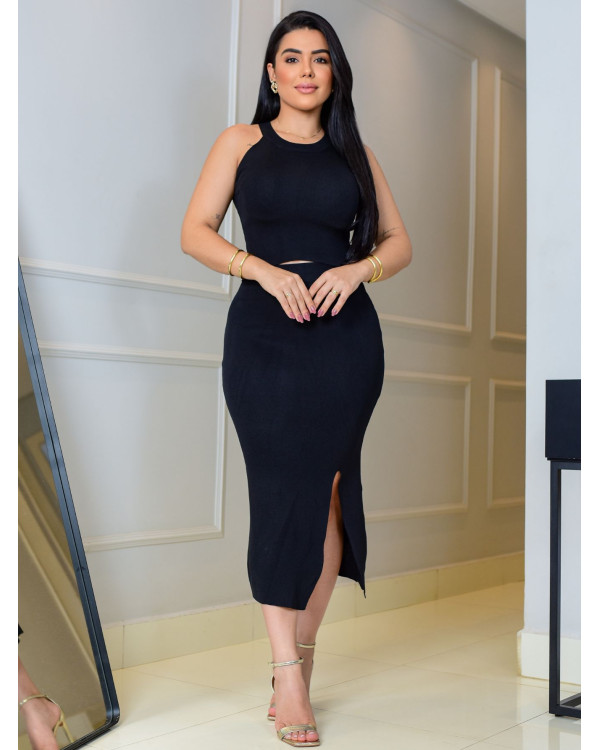 Conjunto Liso em Malha Modal Blusa Regata Assimétrica com Saia Midi