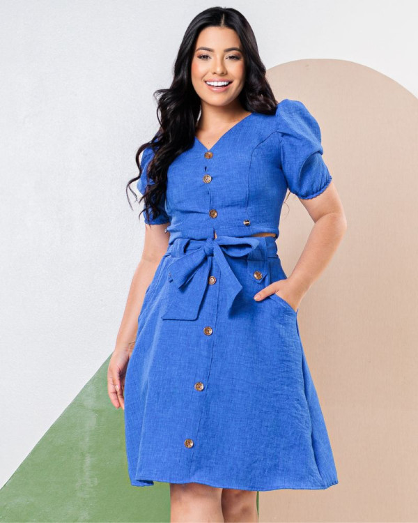 Conjunto Social Feminino Saia Midi Evasê e Blusa Cropeed em Crepe de Linho