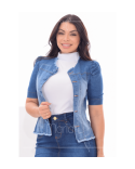 Jaquetinha Jeans Feminina com manga 7/8 Princesa e botões encapados