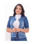 Jaquetinha Jeans Feminina com manga 7/8 Princesa e botões encapados