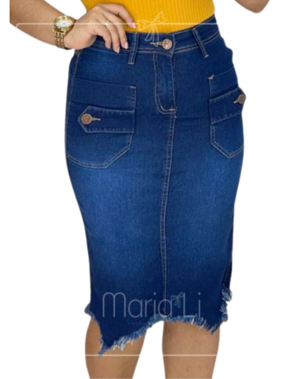 Saia Midi Jeans Lápis Cintura Alta Moda Evangélica