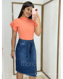 Saia Evangélica Jeans Midi Com Cinto E Cintura Alta