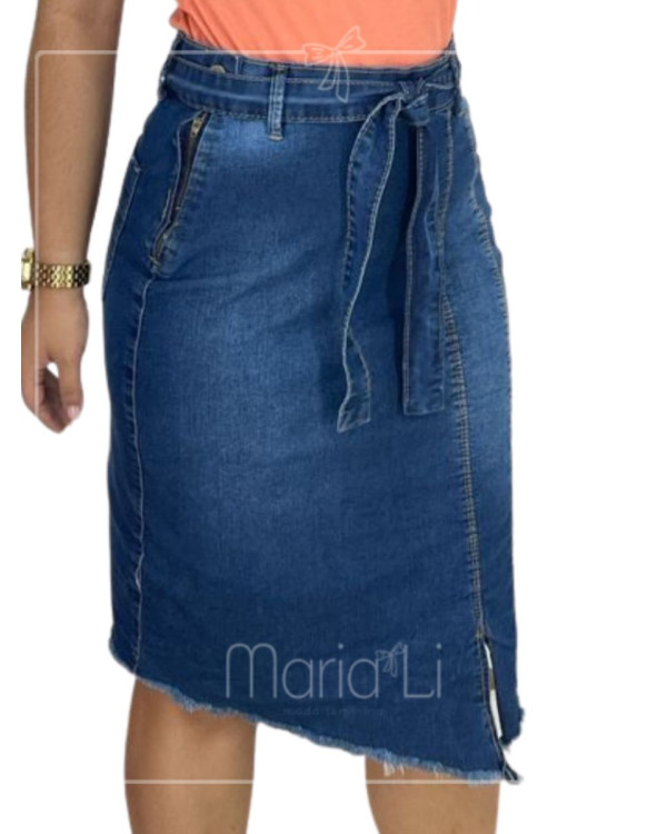 Saia Evangélica Jeans Midi Com Cinto E Cintura Alta